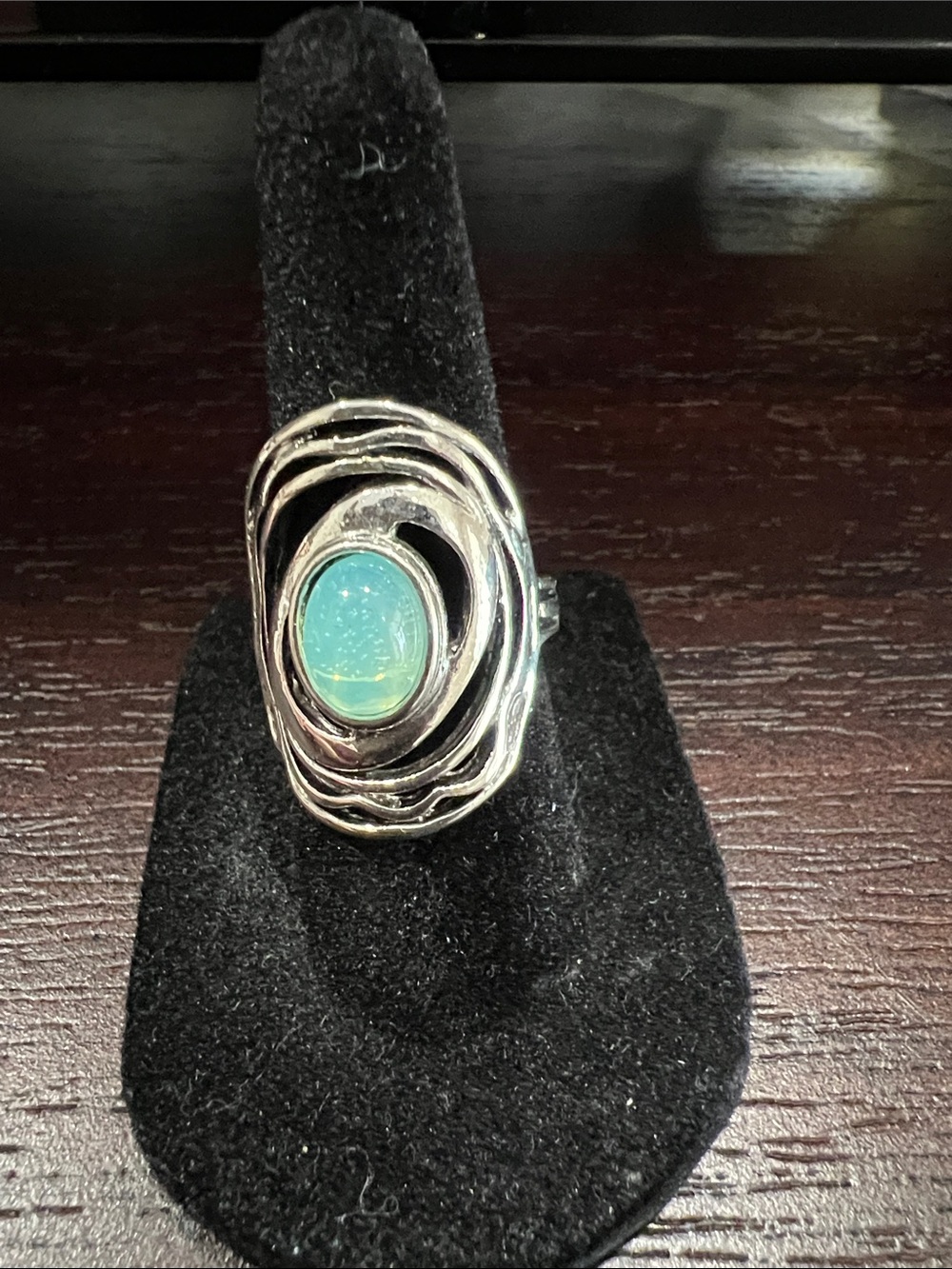 Silver Aqua Opal Like Oval Statement Ring
